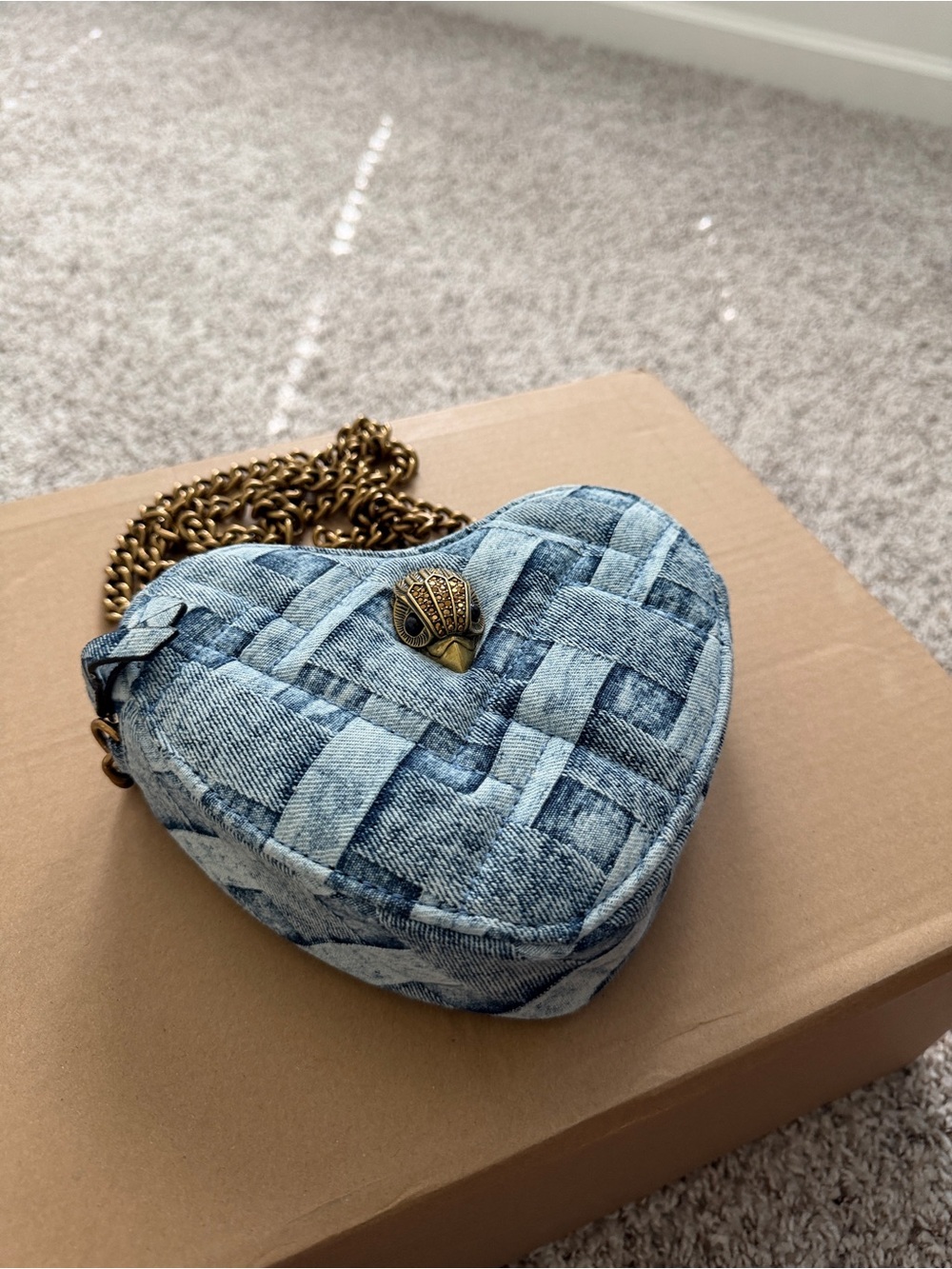 Kurt Geiger Denim Woven Heart Crossbody with Gold Chain - Picture 2 of 4